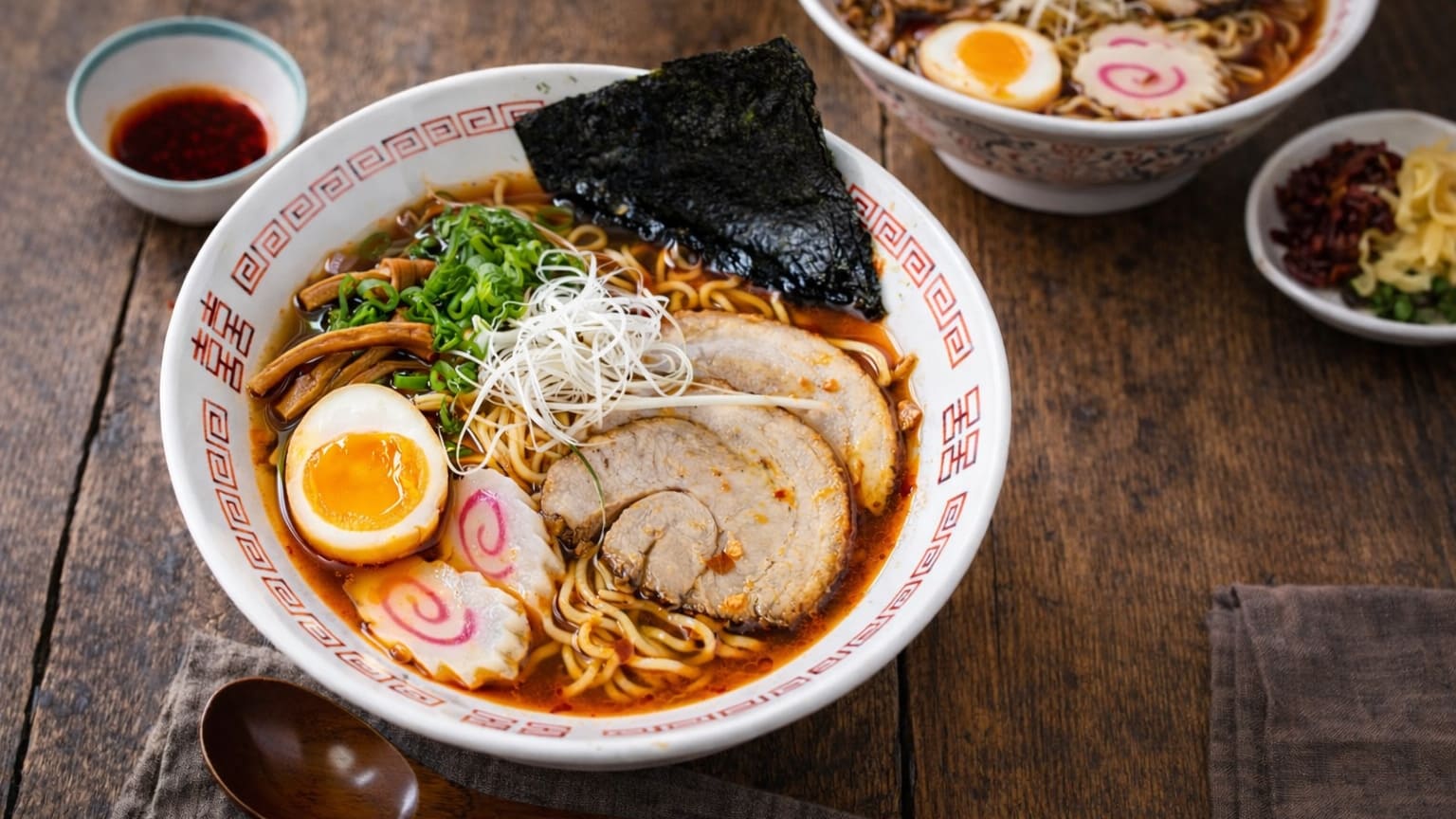A bowl of spicy shoyu ramen topped with chashu pork, a halved ramen egg, narutomaki, menma, green onions, and nori