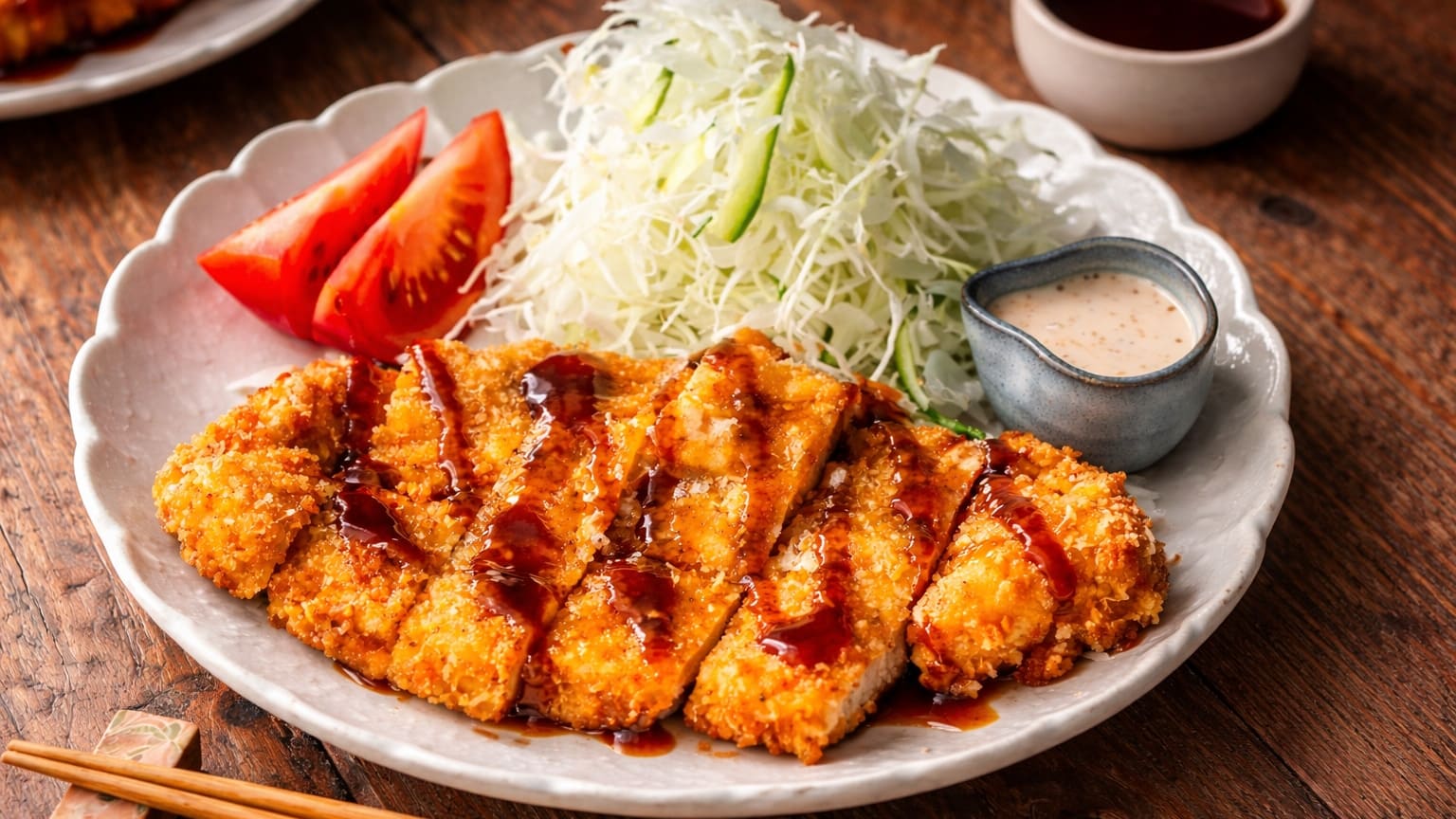 Crispy golden chicken katsu sliced on a plate with tonkatsu sauce and shredded cabbage